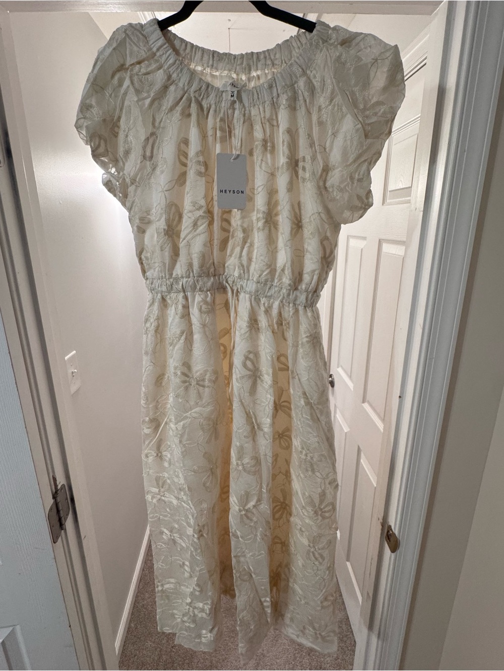 Neutral Cream Embroidered Midi Dress with Drawstring Waist - Picture 4 of 9